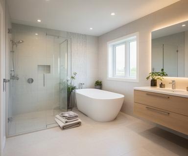 Spa-style bathroom after renovation in Baie-Comeau with a walk-in shower, freestanding tub, and light tile