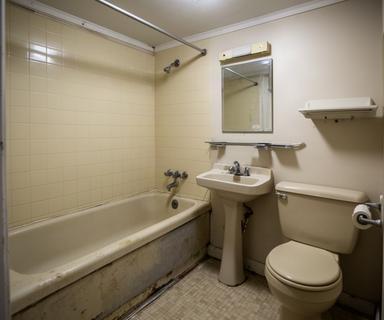 Dated bathroom in a Côte-Nord home before renovation with a compact tub and older tile