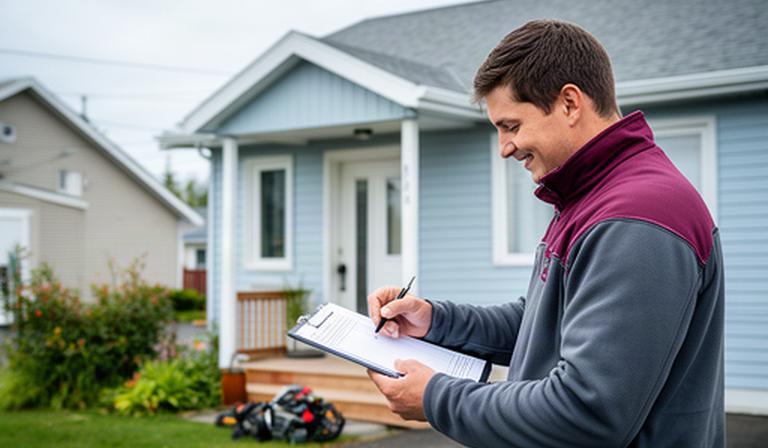Local home service professional reviewing repair notes outside a Baie-Comeau home