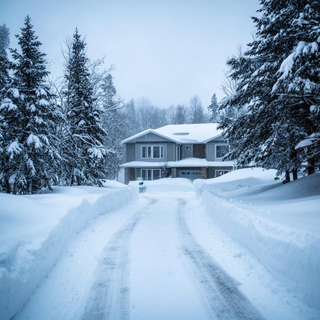 Freshly cleared snowy driveway beside a Baie-Comeau home after a winter storm