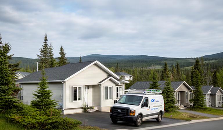Residential street near Baie-Comeau with a service vehicle arriving for a home repair visit