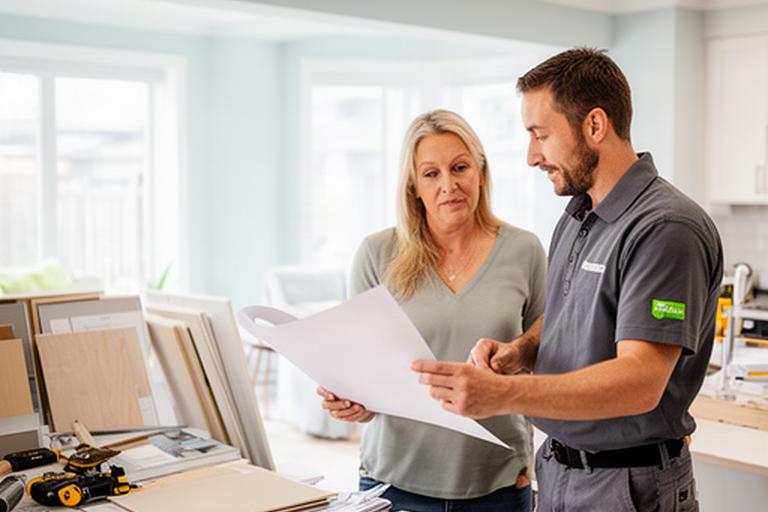Home service professional reviewing renovation plans inside a bright Baie-Comeau home