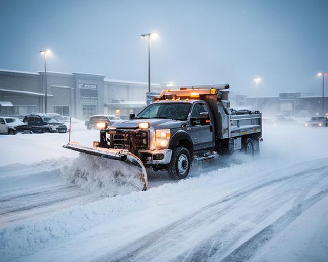 Snow removal truck clearing a commercial parking lot in Baie-Comeau during a heavy winter snowfall
