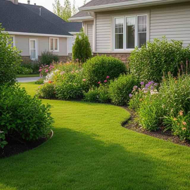 Lush landscaped residential yard in Baie-Comeau during summer with trimmed lawn and garden beds