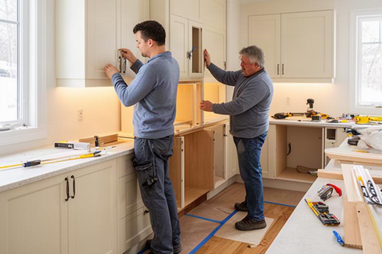Renovation professionals installing pale cabinetry and checking finishes in a bright Quebec home kitchen