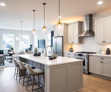 Open-concept renovated kitchen with a central island, pendant lights, stainless steel appliances, and modern cabinetry