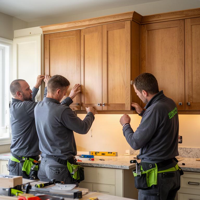Local renovation crew installing warm wood cabinetry in a completed Baie-Comeau residence