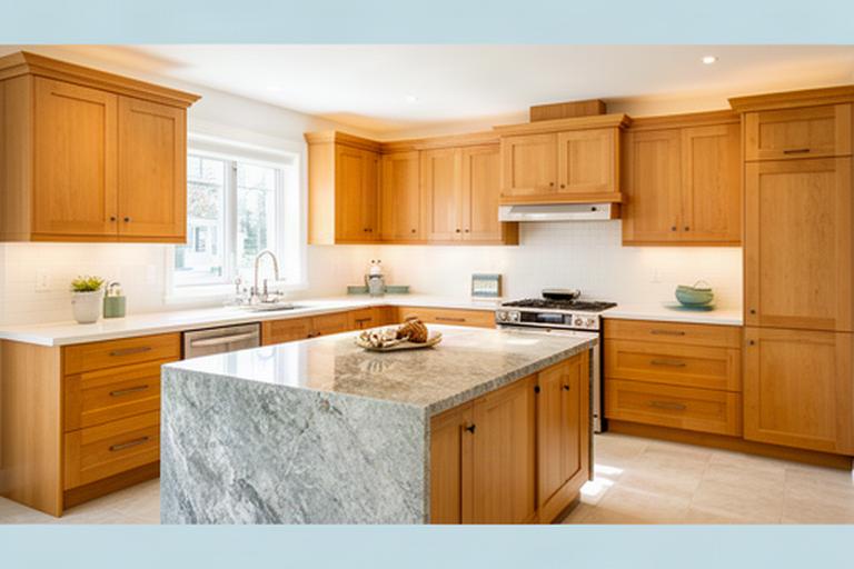 Bright renovated Quebec kitchen in a Baie-Comeau home with custom cabinets, warm wood details, and a stone island