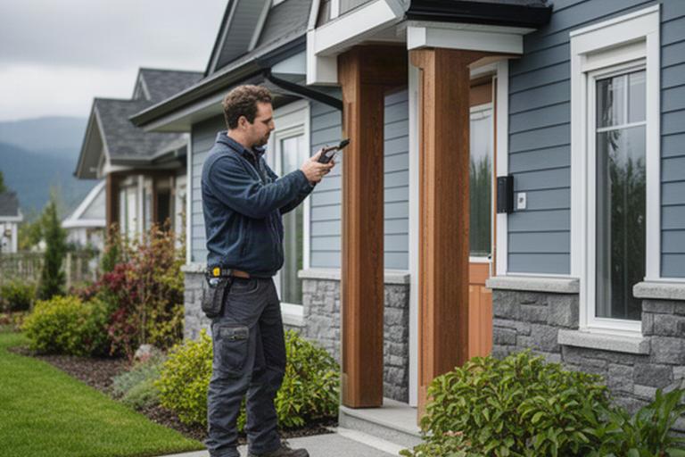 Technician inspecting a well-maintained home exterior beside a landscaped yard in Baie-Comeau