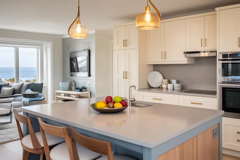 Completed modern kitchen renovation in a Baie-Comeau home with warm pendant lighting, pale cabinetry, and quartz countertops