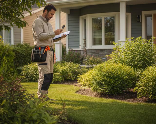 Property care professional inspecting a tidy garden and exterior of a Baie-Comeau home