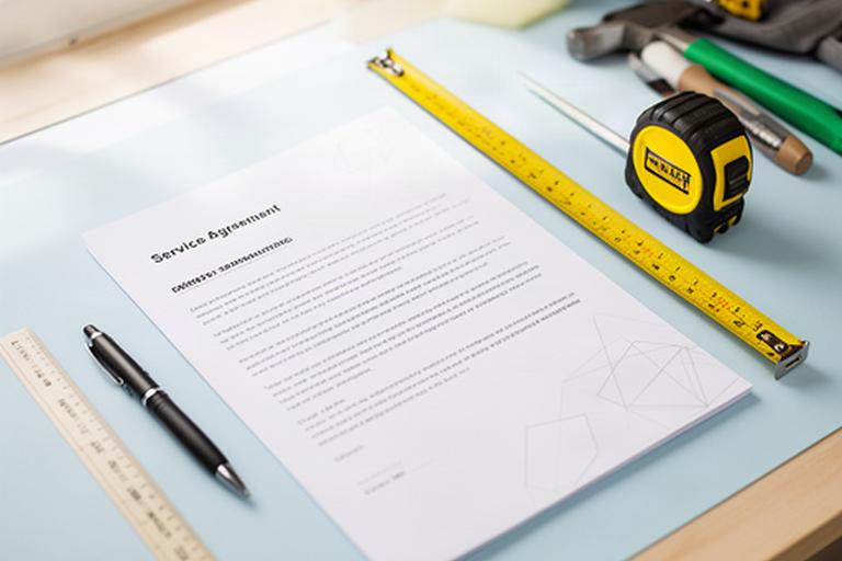 Printed service agreement beside a measuring tape and pen on a bright renovation worktable